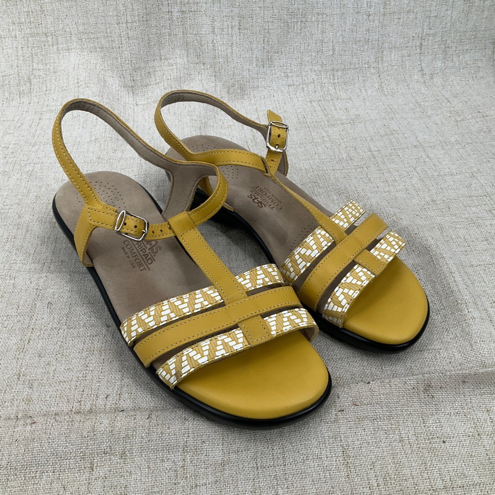 SAS Tripad Comfort Sandals Women 9.5 W Yellow Leather Low Wedge Buckle USA Made